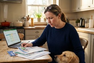 Femme comparant des offres d'assurance santé pour chien avec son golden retriever à ses côtés à la table de cuisine