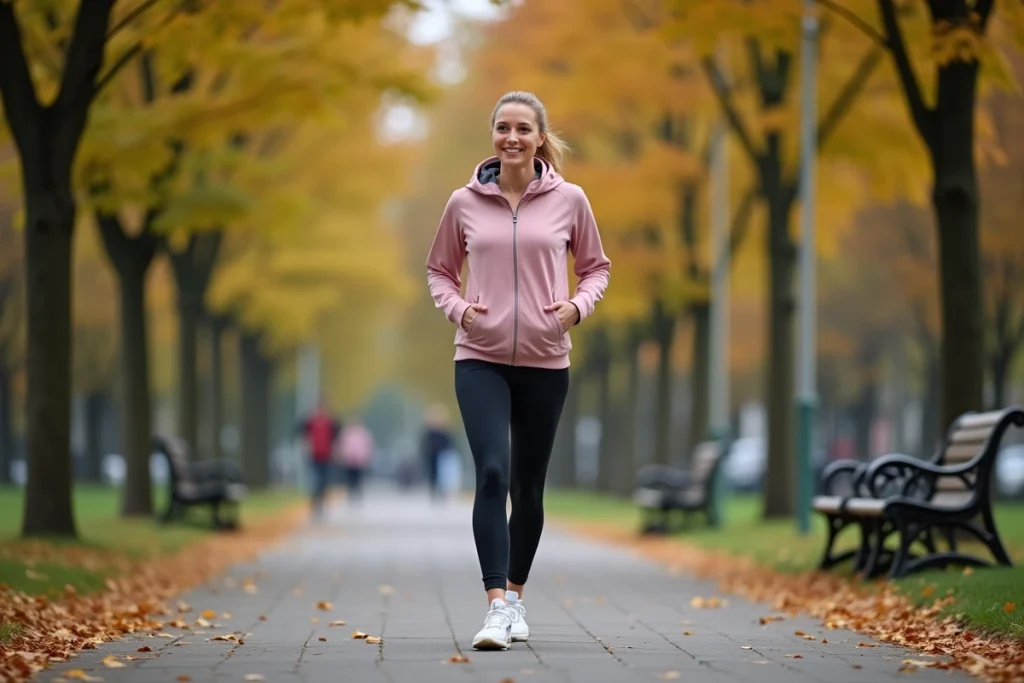 Femme marchant avec confiance dans un parc après guérison complète de la névralgie pudendale en 2026