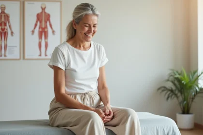 Femme guérie de la névralgie pudendale assise sereinement sur une table de kinésithérapie dans une clinique moderne