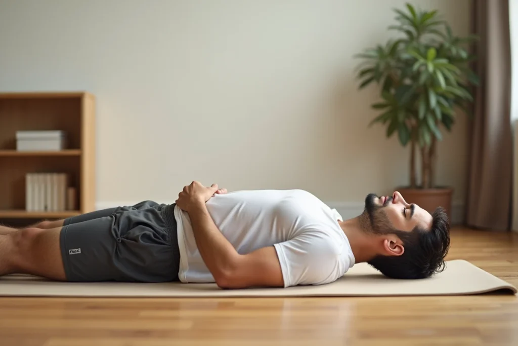 Homme allongé pratiquant un exercice de respiration douce pour soulager une douleur aux côtes déplacées