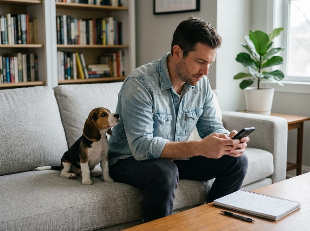 Homme consultant son smartphone pour comparer les exclusions et délais de carence d'une assurance santé pour chien avec son beagle
