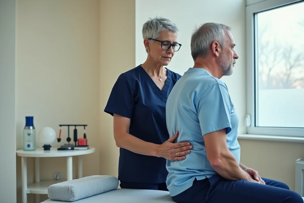 Kinésithérapeute effectuant une manipulation douce du dos sur un patient souffrant de côtes déplacées