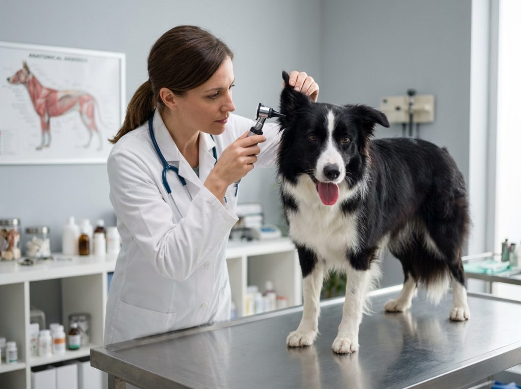 Vétérinaire examinant un border collie dans une clinique vétérinaire moderne, illustrant les garanties couvertes par l'assurance canine