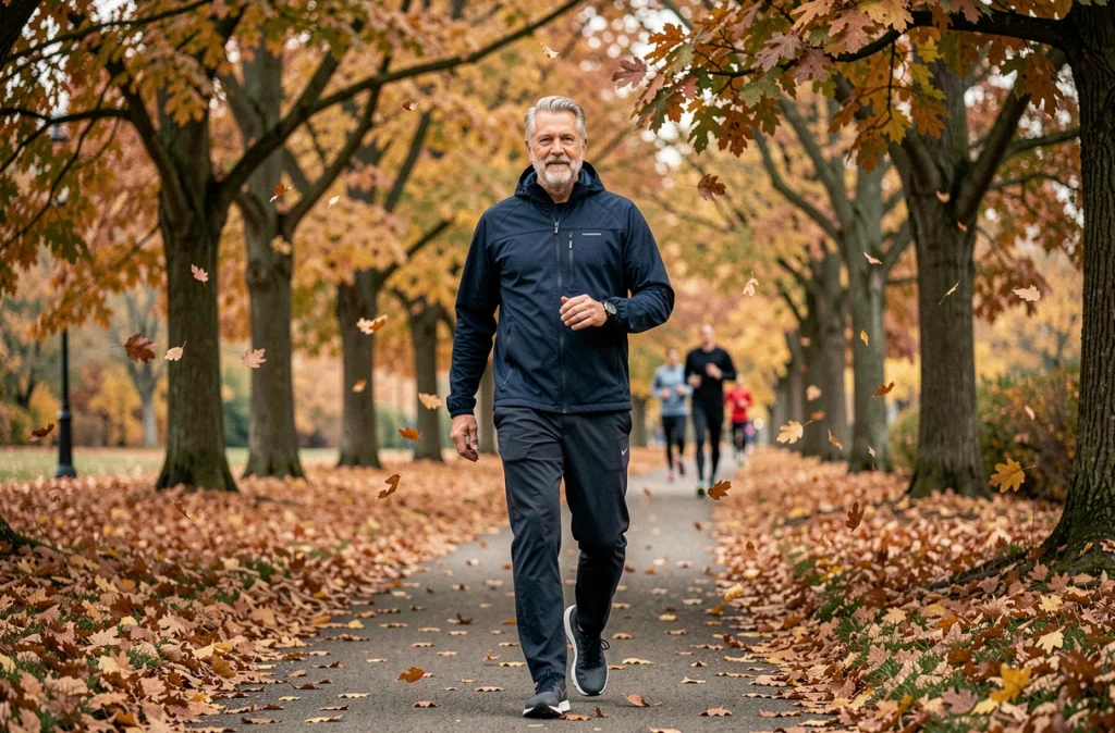 Homme senior actif marchant rapidement dans un parc en automne, illustrant l'activité physique comme prévention santé après 60 ans