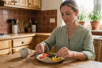 Femme préparant un repas équilibré et anti-inflammatoire adapté au mode de vie avec méjets vomiz