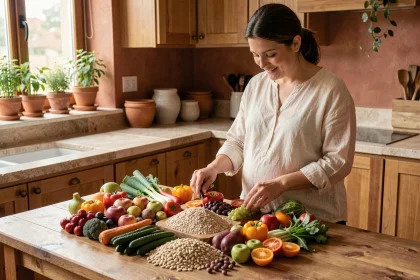 Femme enceinte préparant un repas équilibré avec des fruits et légumes frais sur une table en bois