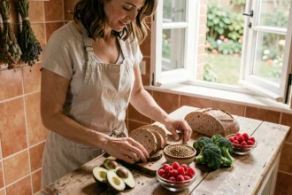 Femme préparant un assortiment d'aliments riches en fibres dans une cuisine rustique, illustrant l'alimentation équilibrée pour la perte de poids