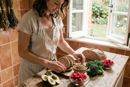 Femme préparant un assortiment d'aliments riches en fibres dans une cuisine rustique, illustrant l'alimentation équilibrée pour la perte de poids
