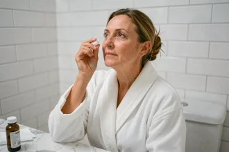 Femme appliquant des gouttes oculaires STERDEX après une opération des yeux dans une salle de bain, précautions post-opératoires
