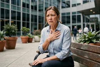 Femme adulte active en pause forcée à l'extérieur de son bureau en raison de l'asthme sévère