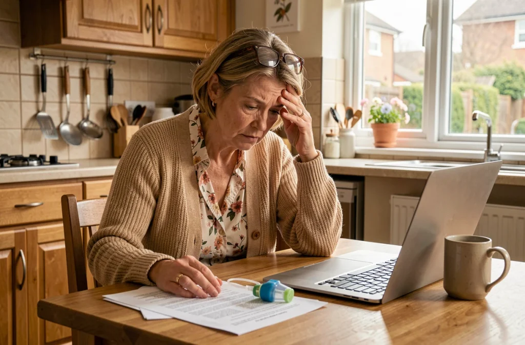 Femme adulte gérant son asthme sévère à domicile entourée de documents médicaux et d'un inhalateur
