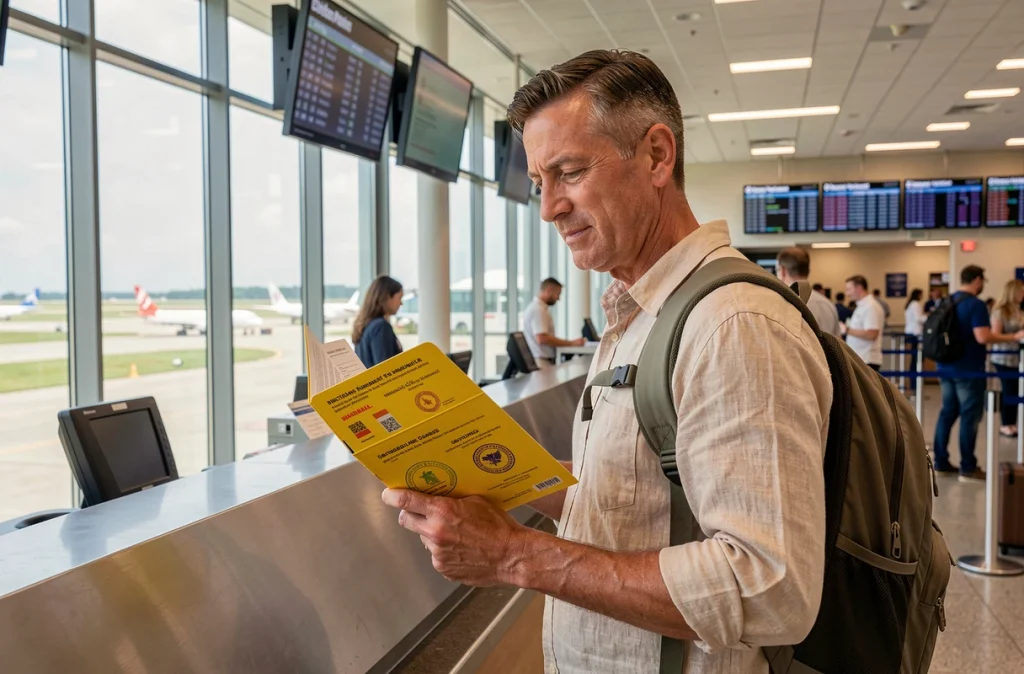 Voyageur présentant son carnet de vaccination international jaune à l'aéroport avant un départ pour la Tanzanie