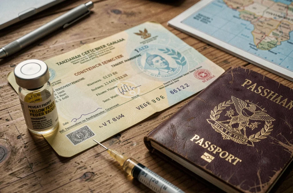 Certificat de vaccination fièvre jaune, passeport et visa tanzanien posés sur un bureau de voyage en bois