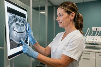 Chirurgienne dentiste examinant une radiographie dans un cabinet dentaire moderne avant une opération
