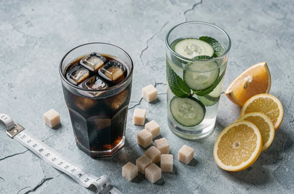 Comparaison entre une boisson sucrée et une eau infusée aux concombres pour illustrer la réduction du sucre et l'amincissement