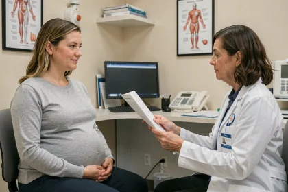 Femme enceinte en consultation gynécologique discutant des examens médicaux pris en charge par la mutuelle