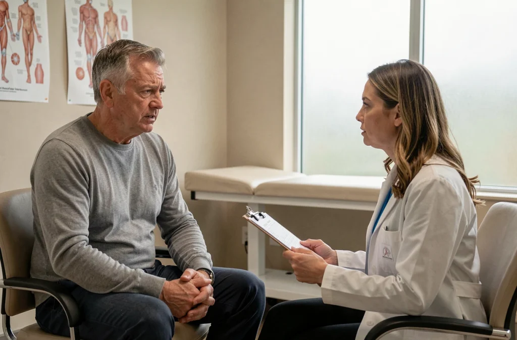 Patient fibromyalgique en consultation médicale discutant de ses symptômes avec une médecin