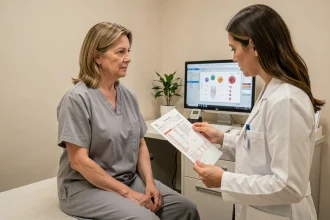 Patiente d'une cinquantaine d'années consultant un médecin qui examine ses résultats d'analyse de sang avec un taux de leucocytes élevé