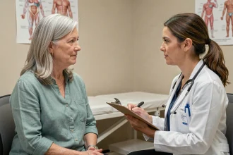 Femme de 60 ans en consultation médicale préventive avec une médecin, discussion bienveillante dans un cabinet médical lumineux