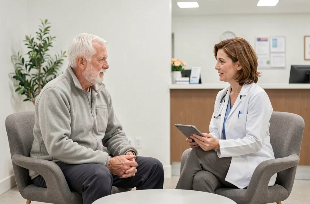 Un homme retraité en consultation médicale avec son médecin pour anticiper ses besoins de santé