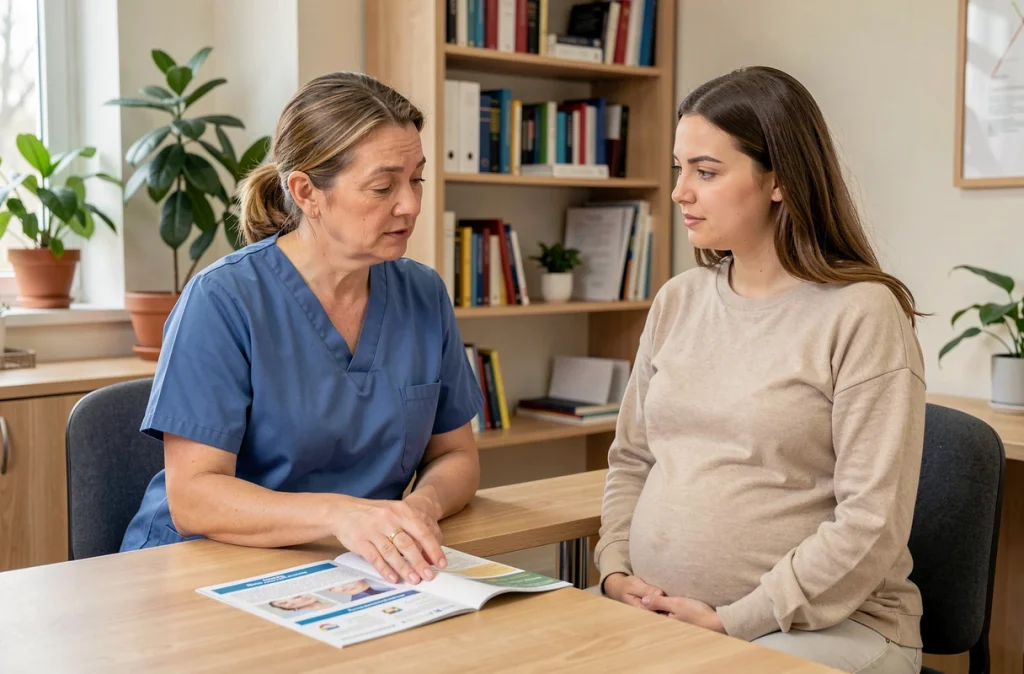 Sage-femme accompagnant une femme enceinte lors d'une consultation prénatale en cabinet médical