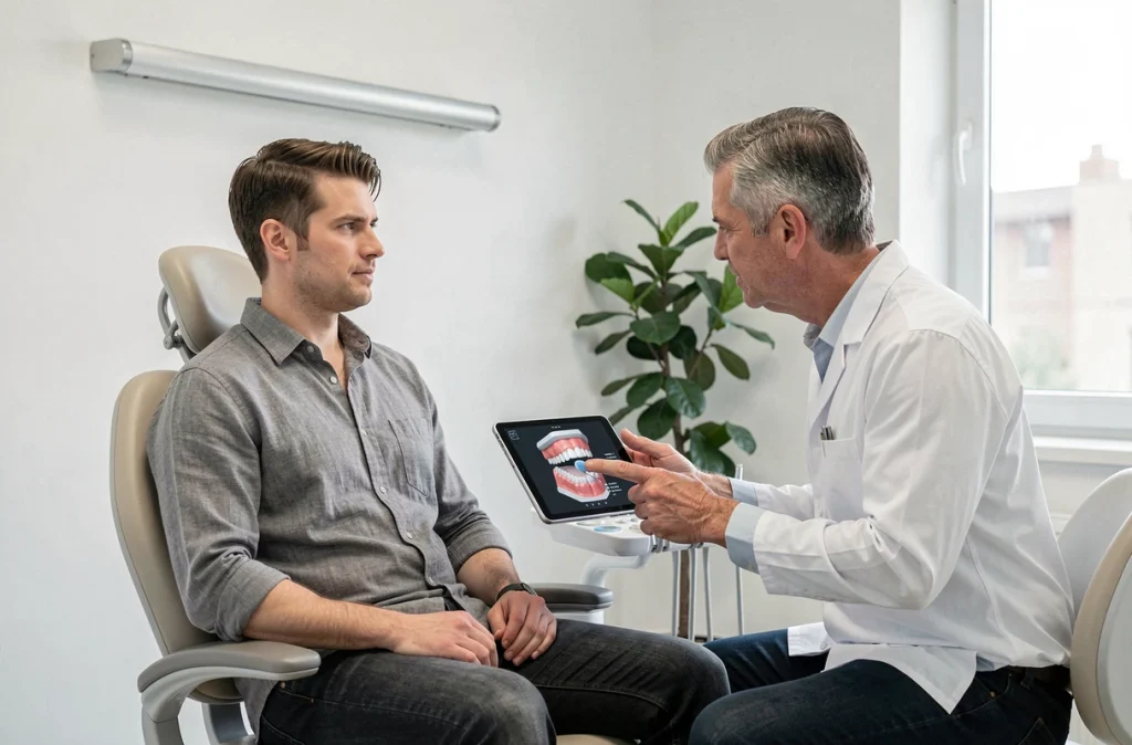 Patient et dentiste en consultation préopératoire discutant d'un plan de traitement sur tablette numérique
