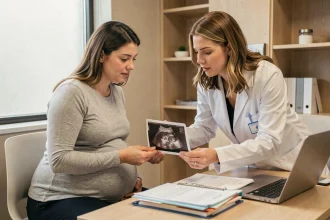 Femme enceinte consultant une gynécologue obstétricienne lors d'un suivi de grossesse multiple dans un cabinet médical moderne