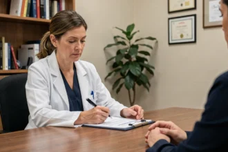 Psychiatre utilisant la cotation Hamilton pour évaluer la dépression d'un patient en consultation clinique
