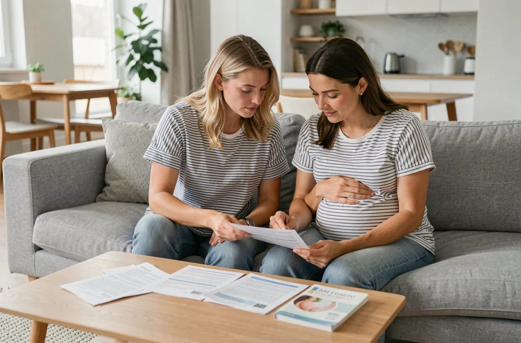 Couple attendant un bébé qui examine des documents de mutuelle pour déclarer la grossesse ensemble