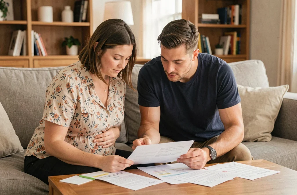 Couple préparant ensemble un plan de naissance à la maison avant l'accouchement