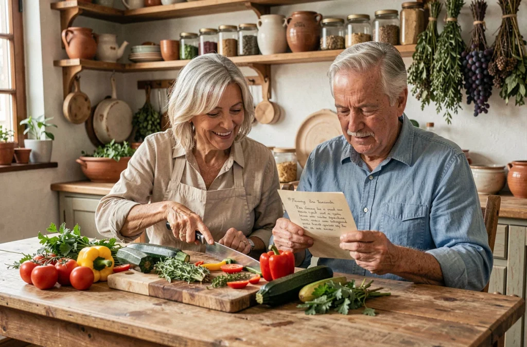 Couple de seniors préparant ensemble un repas sain et coloré dans une cuisine familiale, symbole de la prévention santé par l'alimentation équilibrée