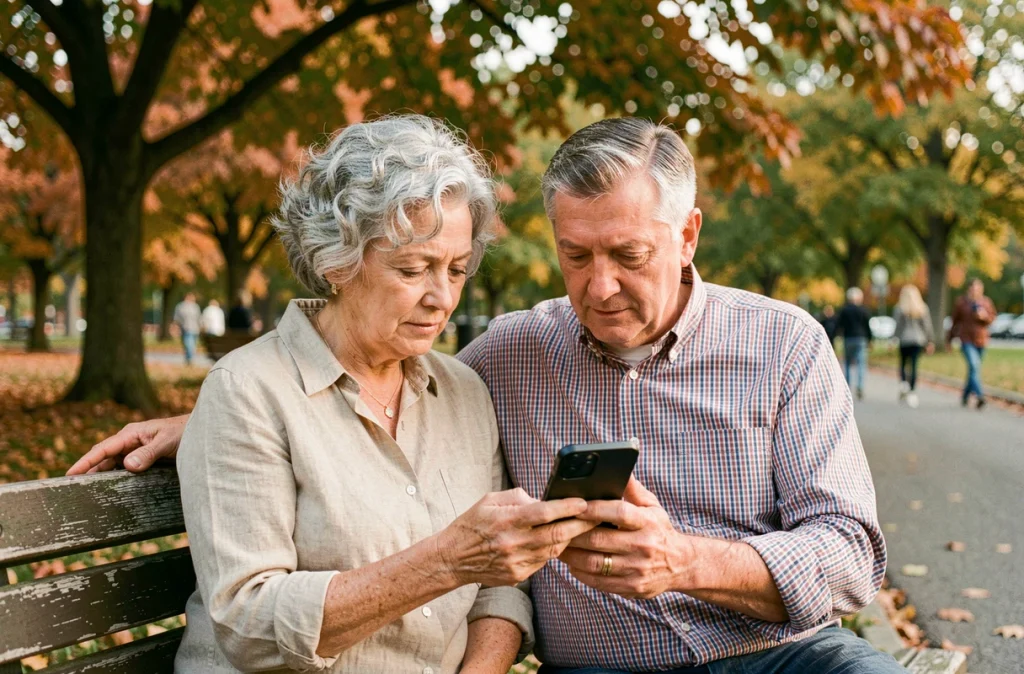 Un couple de seniors consulte des informations sur la mutuelle santé retraite dans un parc en automne