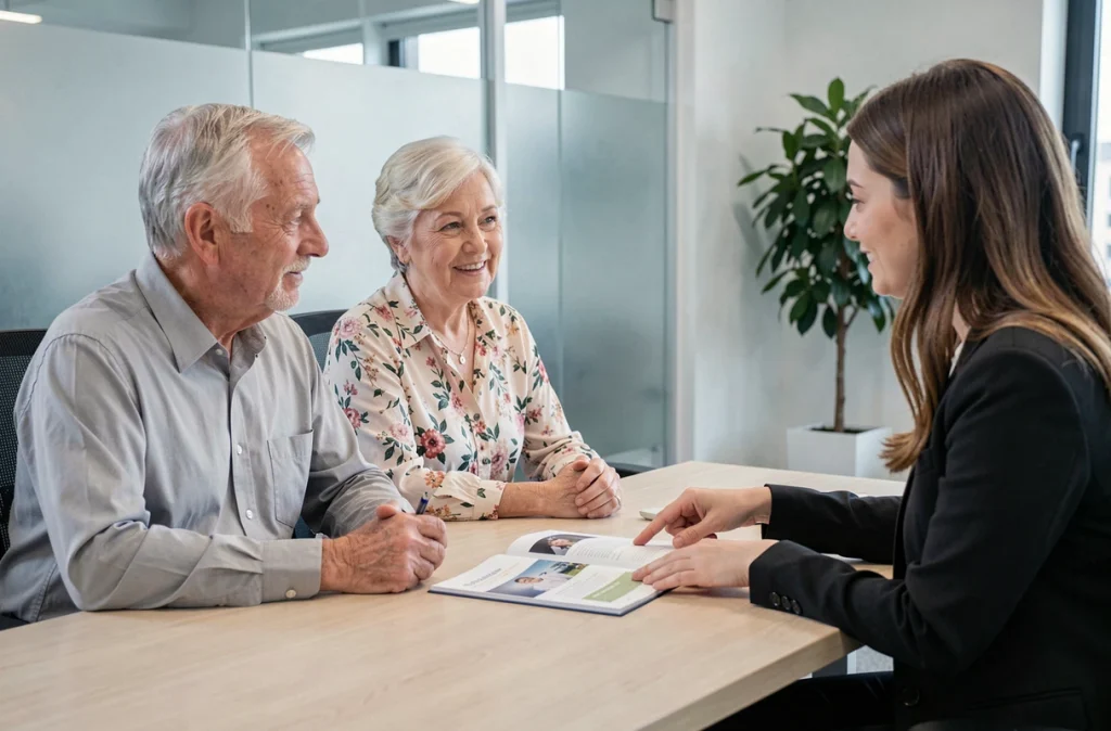 Couple de seniors en rendez-vous avec un conseiller mutuelle pour découvrir les aides à la souscription