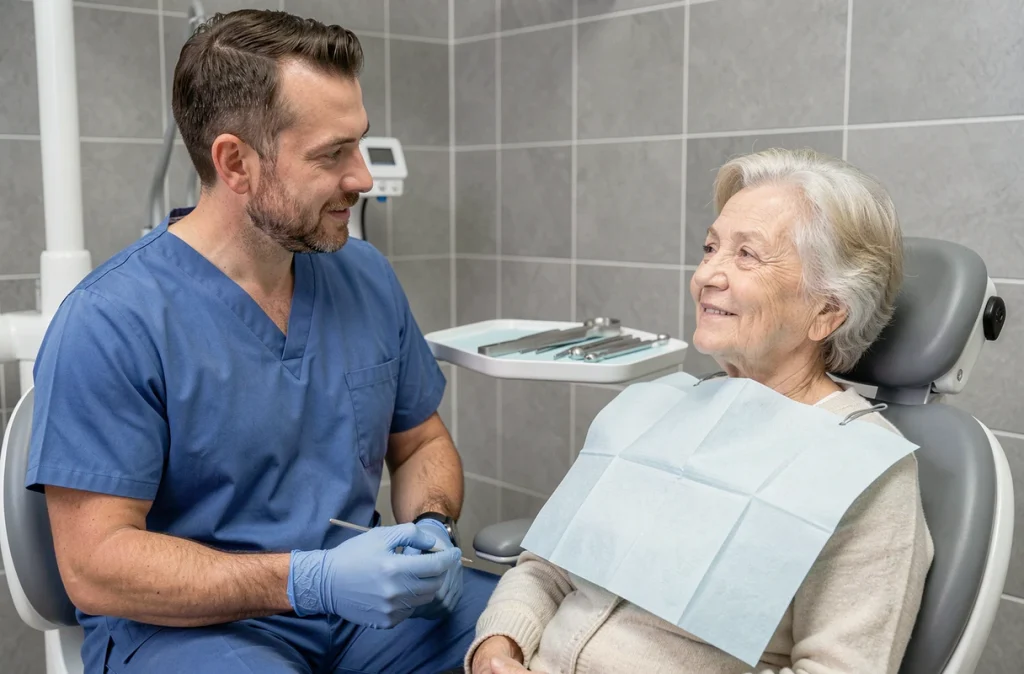 Dentiste discutant avec une patiente âgée dans un cabinet dentaire moderne lors d'une consultation remboursée par la mutuelle