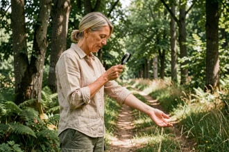 Femme examinant son bras après une promenade en forêt pour détecter une possible morsure de tique, zone rurale française