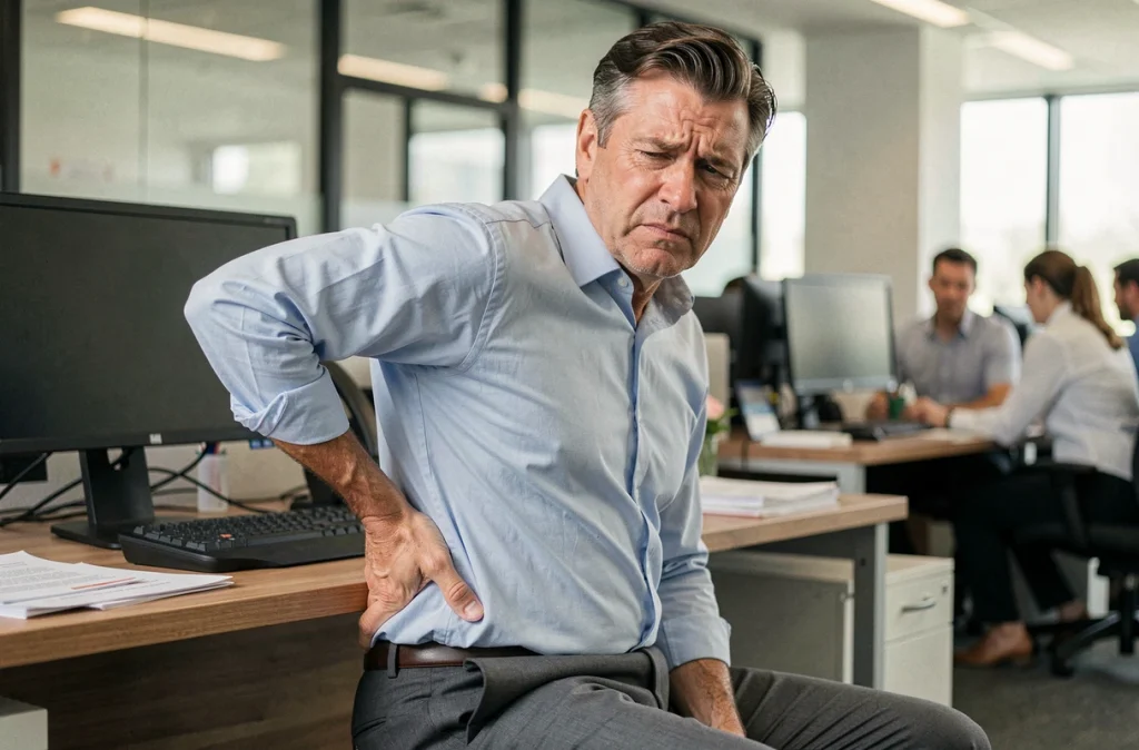 Homme d'une cinquantaine d'années assis à un bureau de travail exprimant une douleur au niveau du dos gauche, dans un contexte professionnel