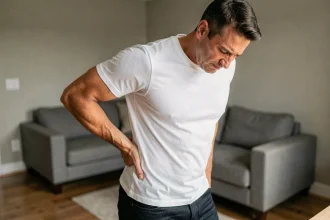 Homme d'une quarantaine d'années tenant son dos gauche douloureux dans un intérieur domestique, illustrant la douleur dorsale gauche chez l'homme