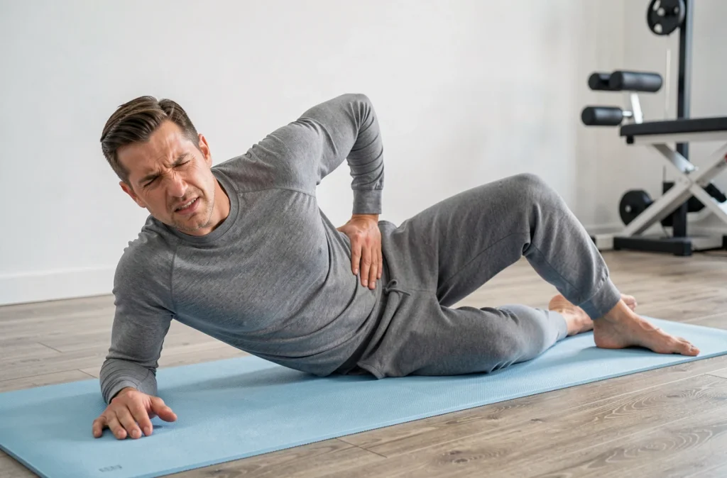 Homme sportif allongé sur un tapis de yoga tenant son dos gauche douloureux lors d'une séance de rééducation physique en salle