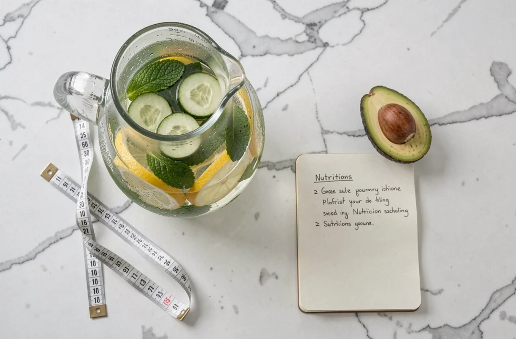 Vue aérienne d'une carafe d'eau infusée aux concombres et citrons entourée d'accessoires minceur sur un plan de travail en marbre blanc
