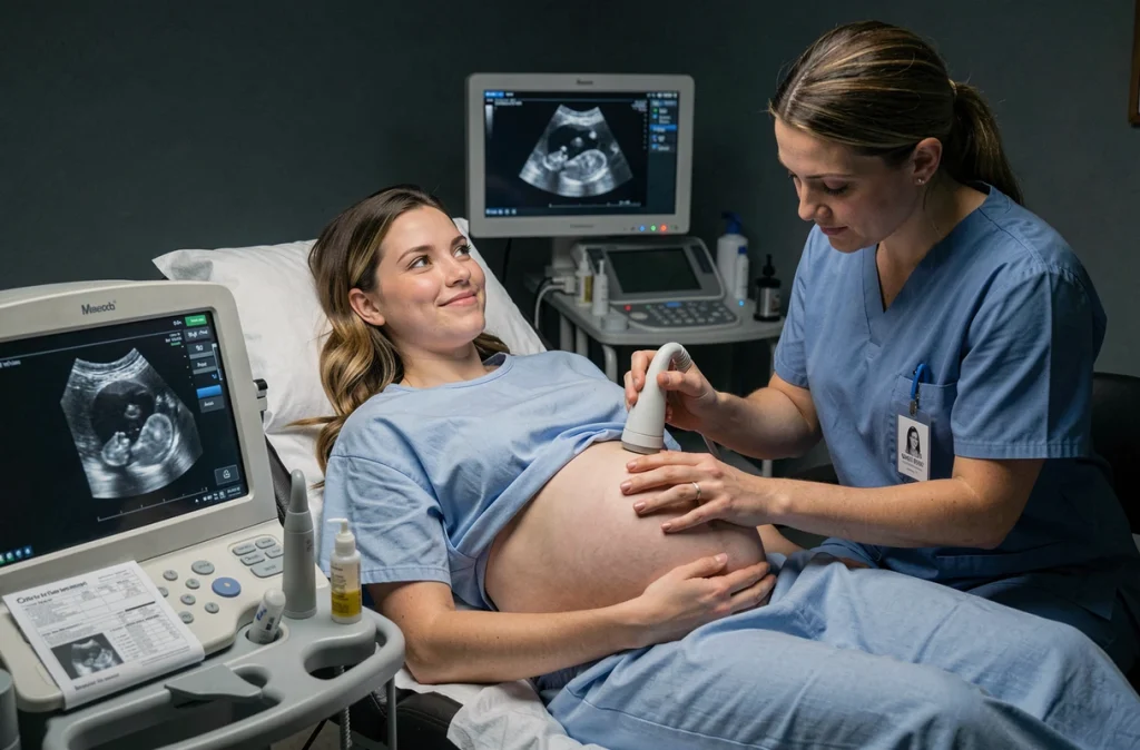 Échographie obstétricale d'une femme enceinte avec sage-femme, examen remboursé par la mutuelle maternité