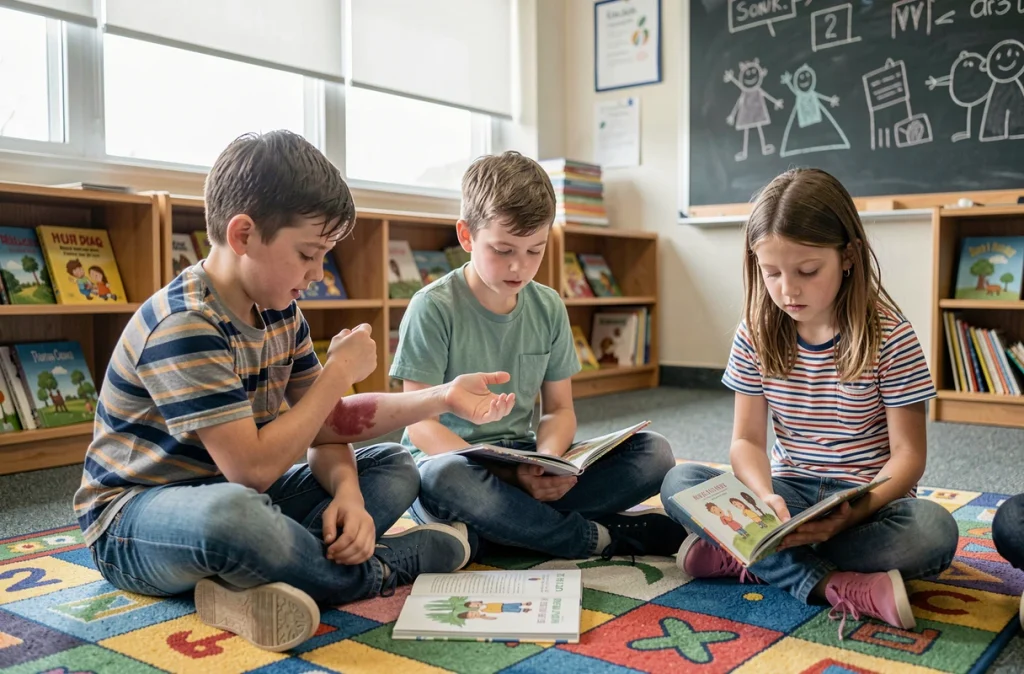 Enfant souffrant d'eczéma atopique qui se gratte le bras en classe entouré de camarades
