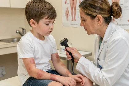 Enfant atteint d'eczéma atopique examiné par une dermatologue pédiatrique en cabinet médical
