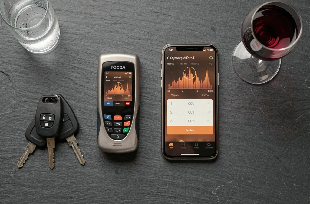 Vue de dessus d'un éthylotest, un smartphone avec simulateur d'alcoolémie, un verre de vin et des clés de voiture