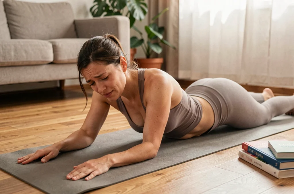 Femme atteinte de fibromyalgie pratiquant des étirements doux à domicile pour soulager ses douleurs