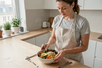Femme préparant un bol équilibré et coloré avec légumes rôtis, avocat et quinoa dans une cuisine moderne