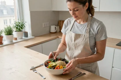 Femme préparant un bol équilibré et coloré avec légumes rôtis, avocat et quinoa dans une cuisine moderne