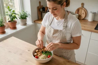 Femme préparant un Buddha bowl riche en protéines végétales avec pois chiches, tofu et quinoa dans une cuisine moderne