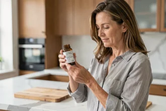 Femme d'une quarantaine d'années lisant l'étiquette d'un complément alimentaire Glucavit dans sa cuisine moderne