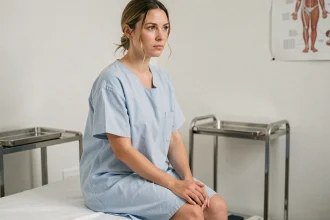Femme jeune assise sur une table d'examen médical dans un cabinet clinique, exprimant une légère fatigue, illustrant le suivi post-grossesse des maladies auto-immunes