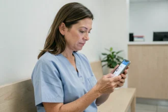 Femme consultant les résultats de sa prise de sang sur l'application Laboconnect dans une salle d'attente médicale